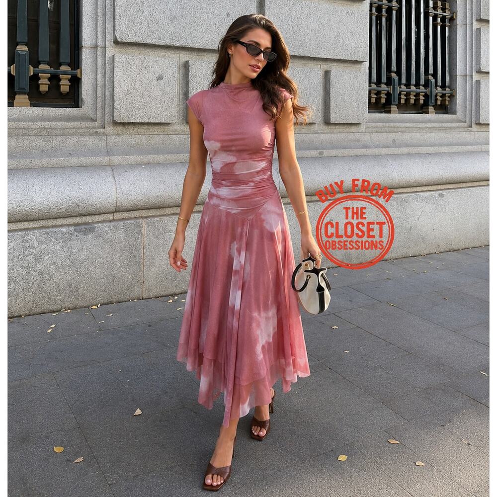 Zara NWT Pink Ruched Tulle Asymmetrical Midi Dress M - Picture 3 of 16